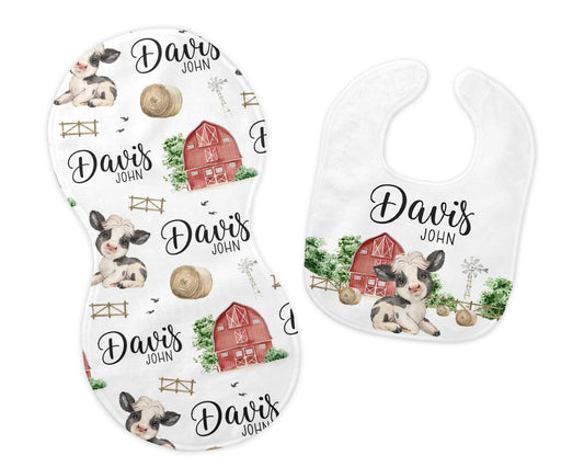 Boy Farm Cow Bib and Burp Cloth Set, C39