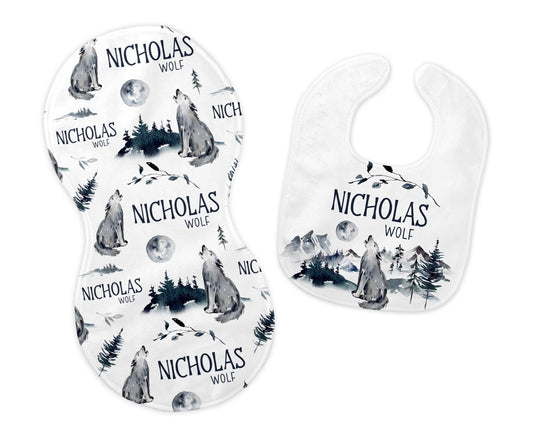 Wolf Bib and Burp Cloth Set, M25