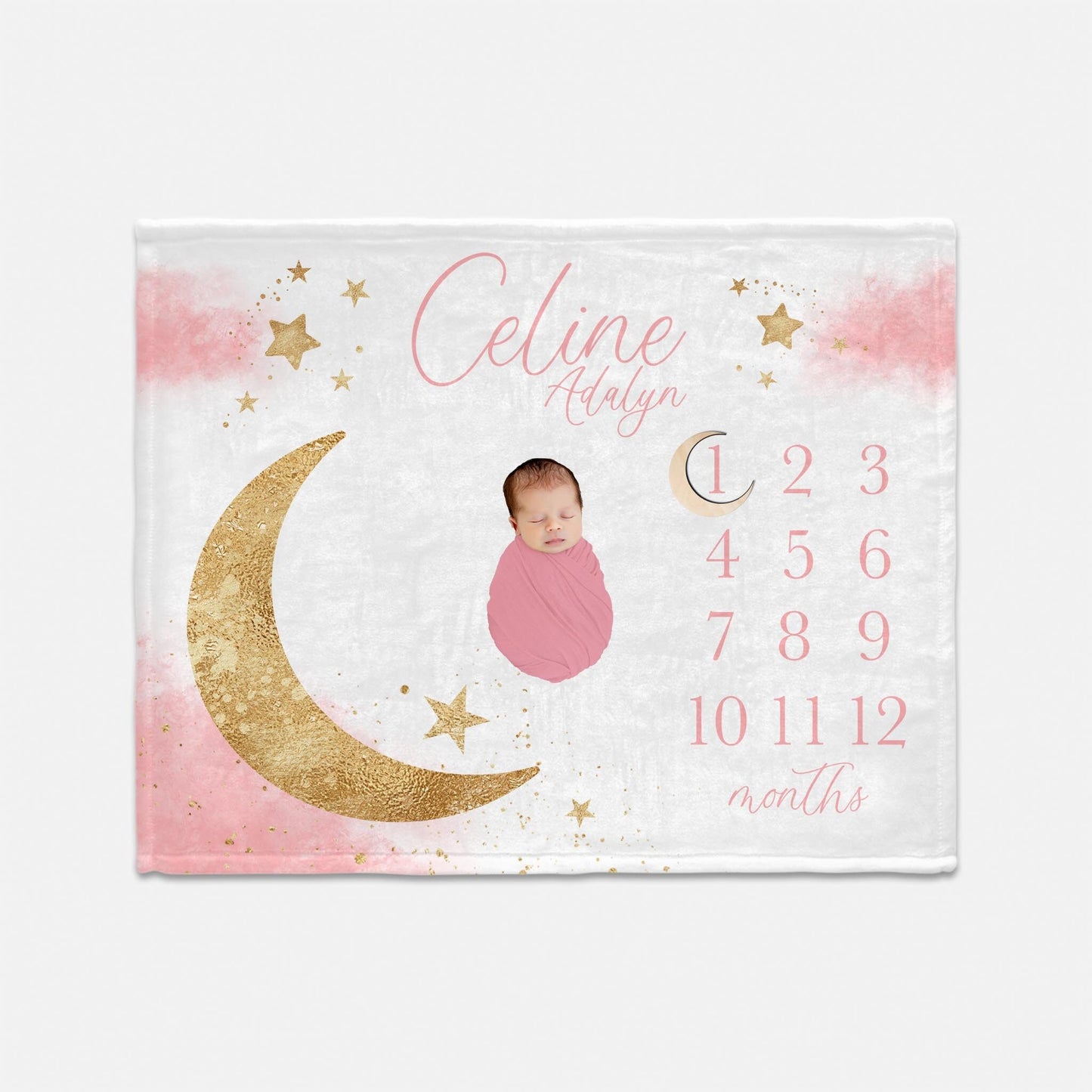 Moon and Stars Baby Milestone Blanket, Luna Pink and Gold T59