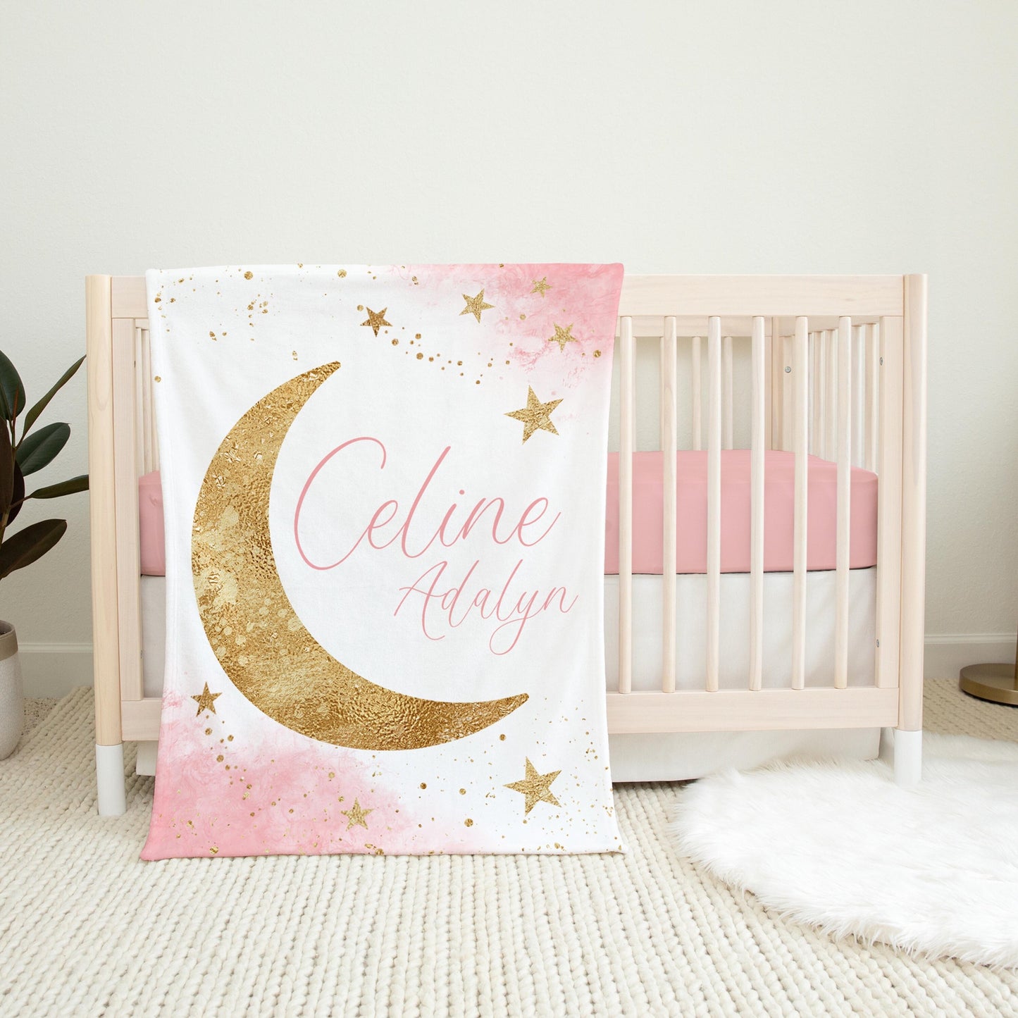 Luna Moon and Stars Baby Blanket, Pink and Gold T59