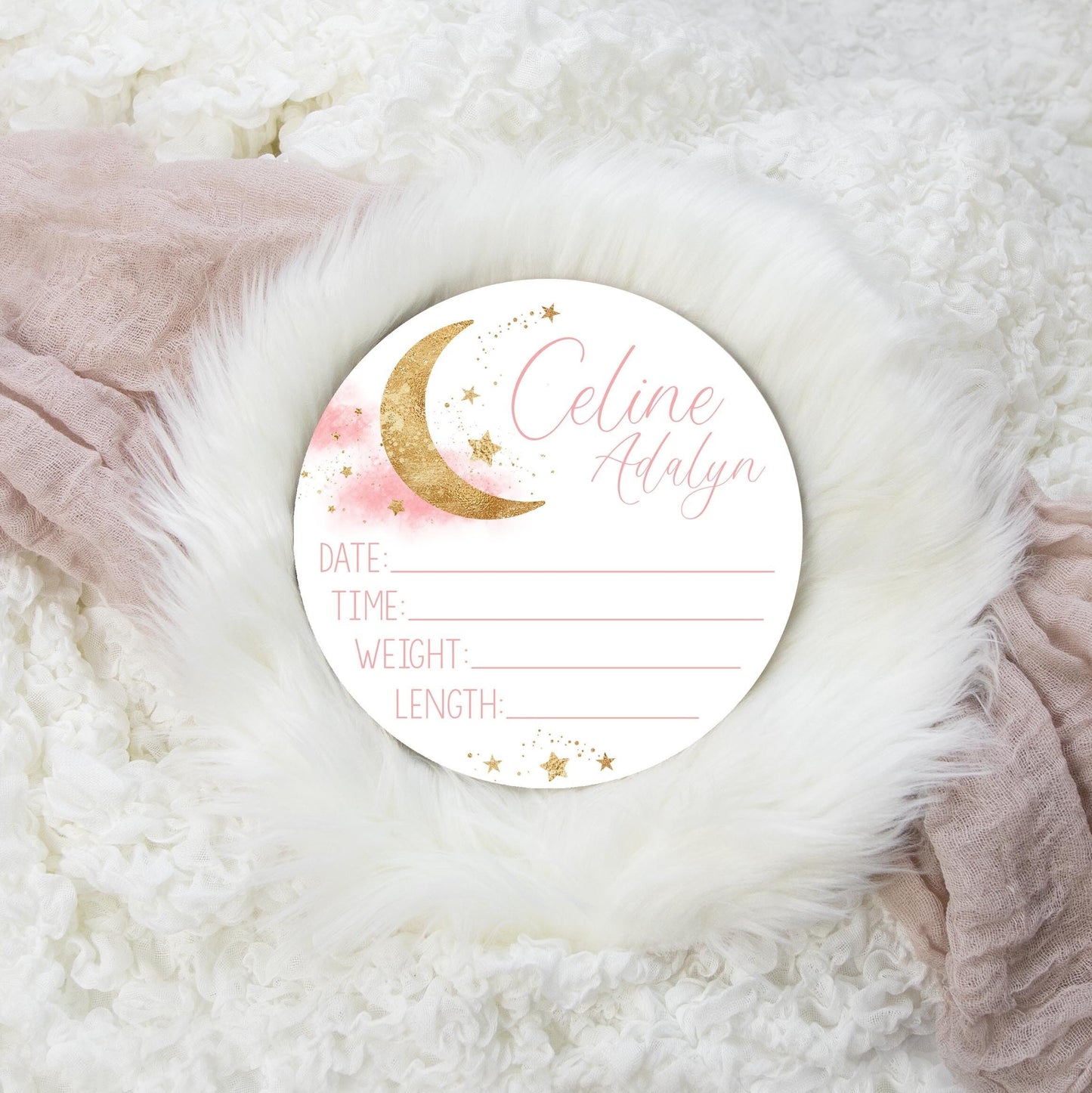 Pink and Gold Moon Wood Birth Stat Sign, Gold T59