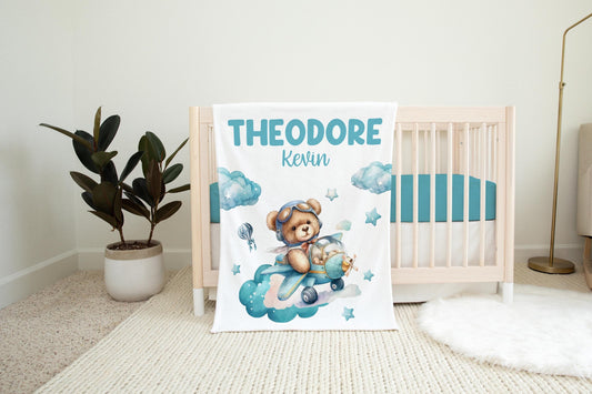 Personalized Bear Airplane Baby Boy Blanket T62