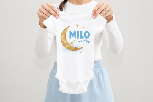 Blue and Gold Moon Baby Bodysuit, T60