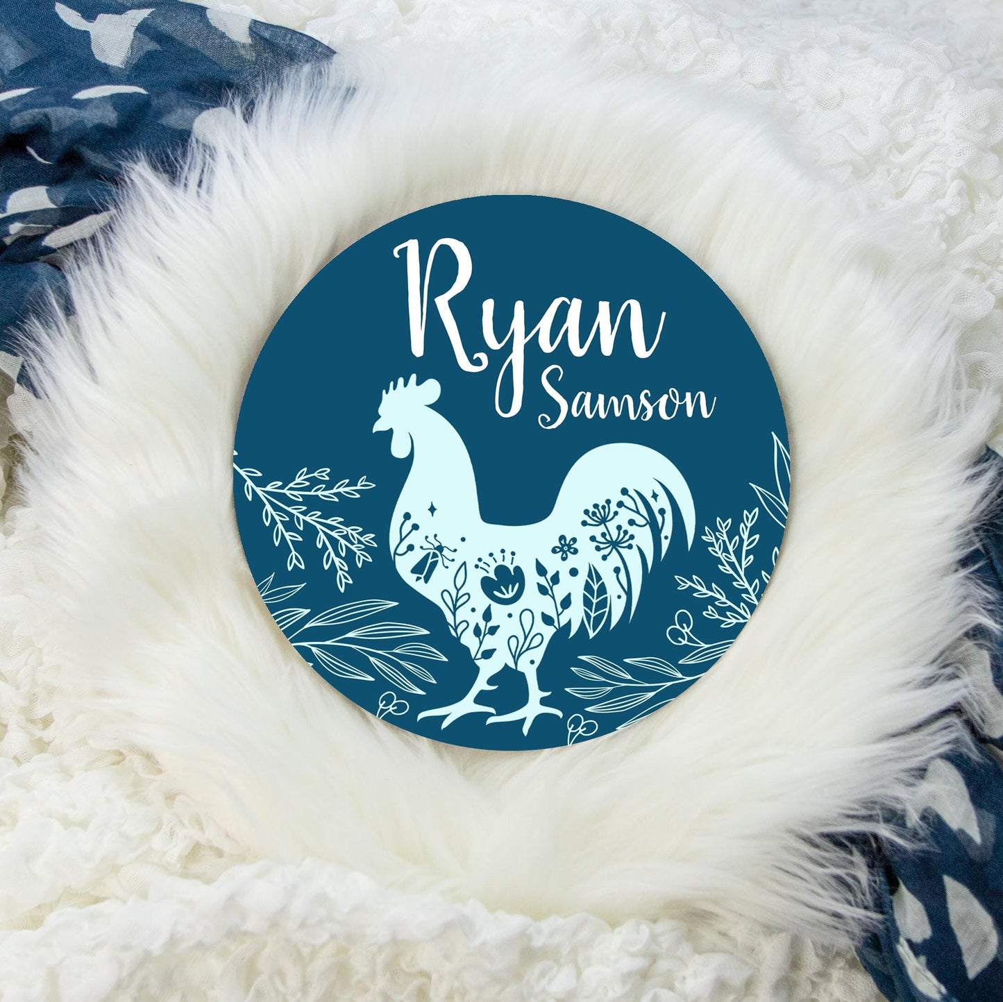 Blue Rooster Farm House Wooden Baby Name Sign, C24