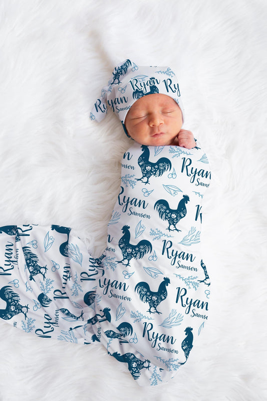 Boy Rooster Personalized Farm Baby Swaddle Set, C24