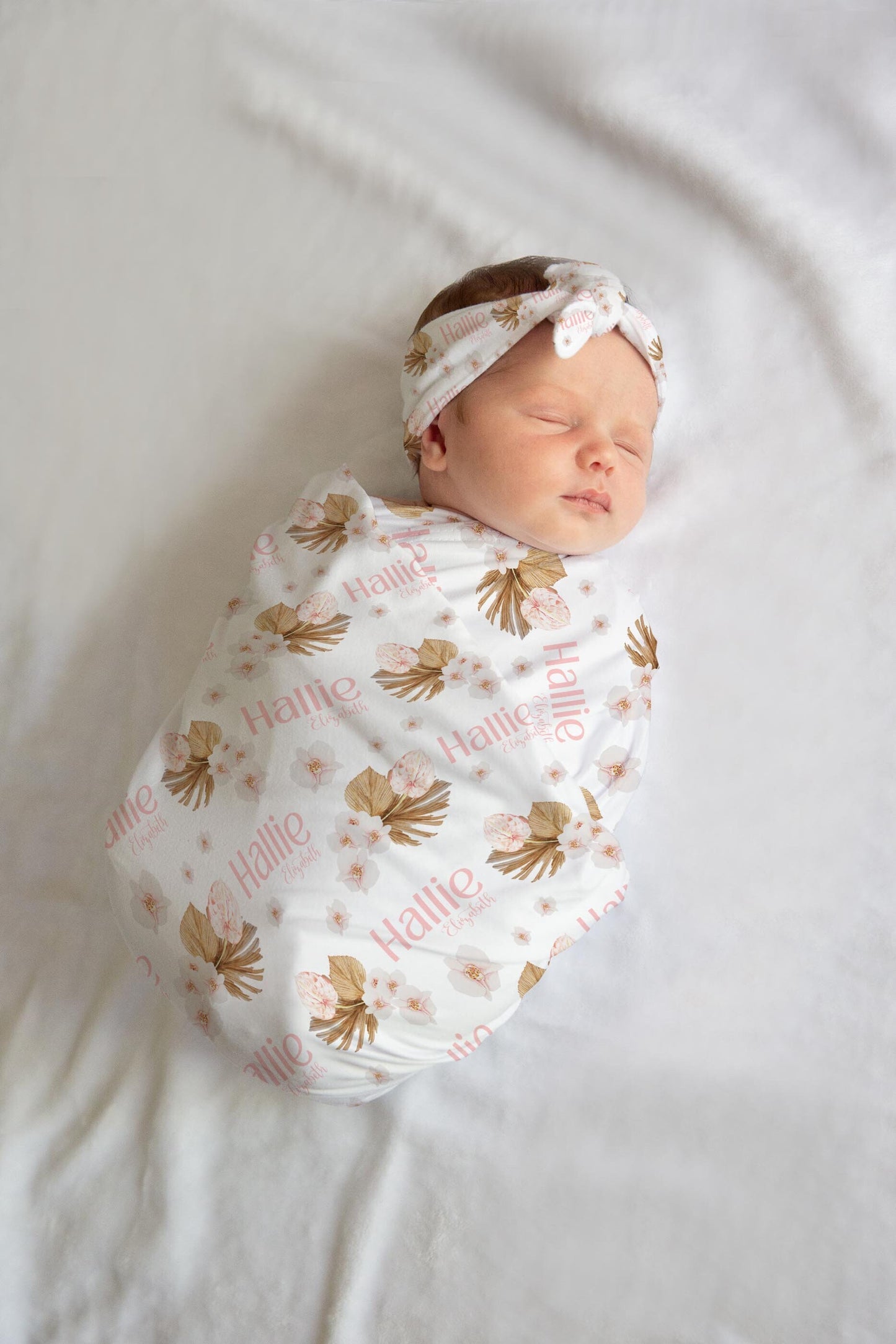 Sage Boho Pampas Grass Swaddle Set, Personalized Name Blanket, F97