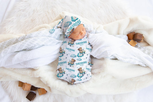 Personalized Bear Airplane Baby Boy Swaddle Blanket, T62