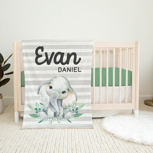 Elephant Striped Personalized Baby Boy Blanket, S61