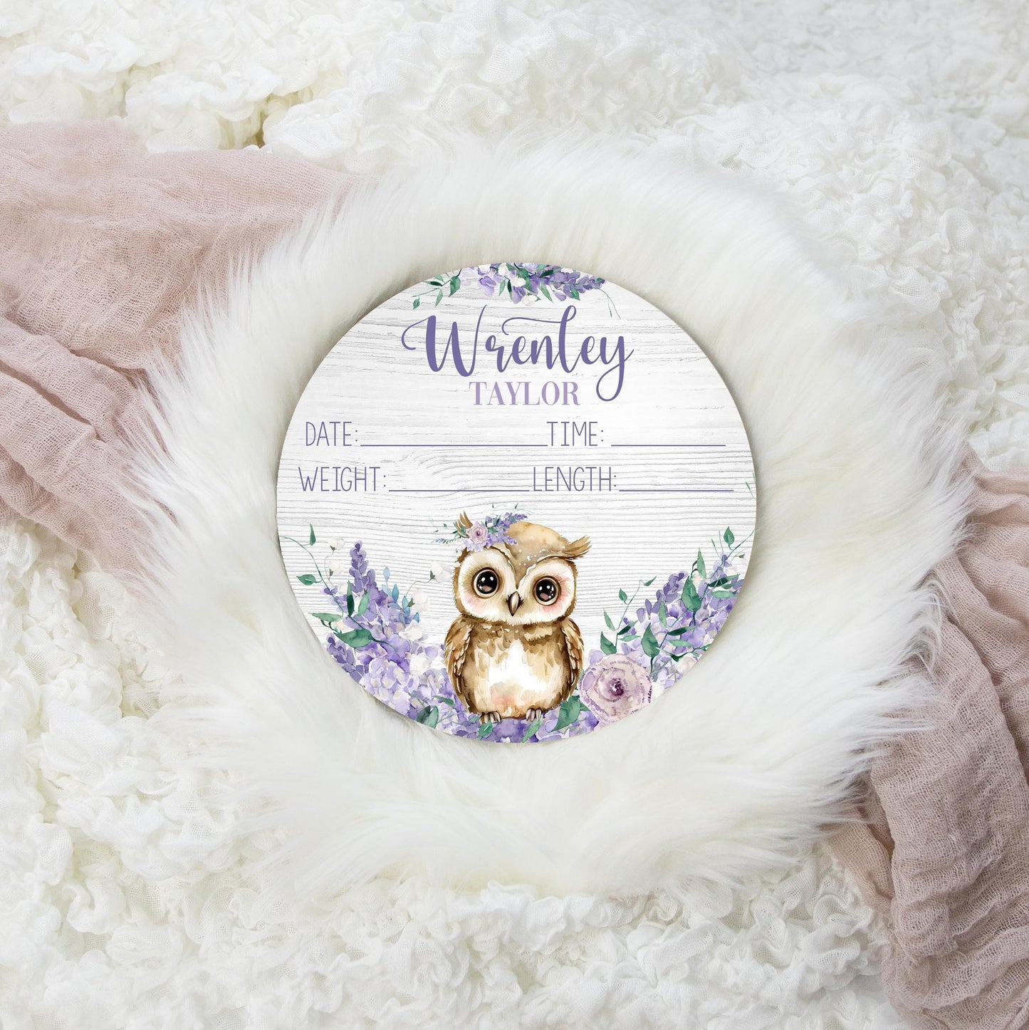 Wisteria Owl Wood Birth Stat Sign, GirlW54