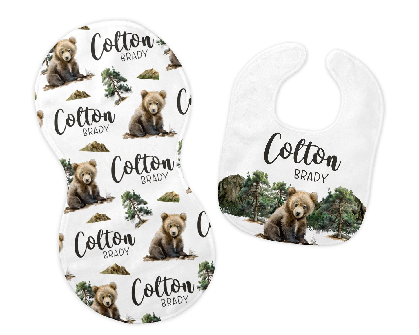 Woodland Bear Bib and Burp Cloth Set, Bear Forest Bib Set, W53