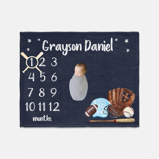 Boy Baseball and Football Milestone Blanket, B1 B43