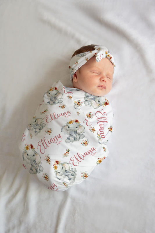 Boho Floral Elephant Swaddle Set, S61