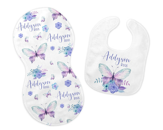 Purple Butterfly Bib and Burp Cloth Set