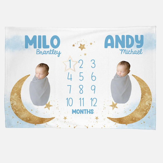 Moon and Stars Baby Boy Twin Milestone Blanket, T60