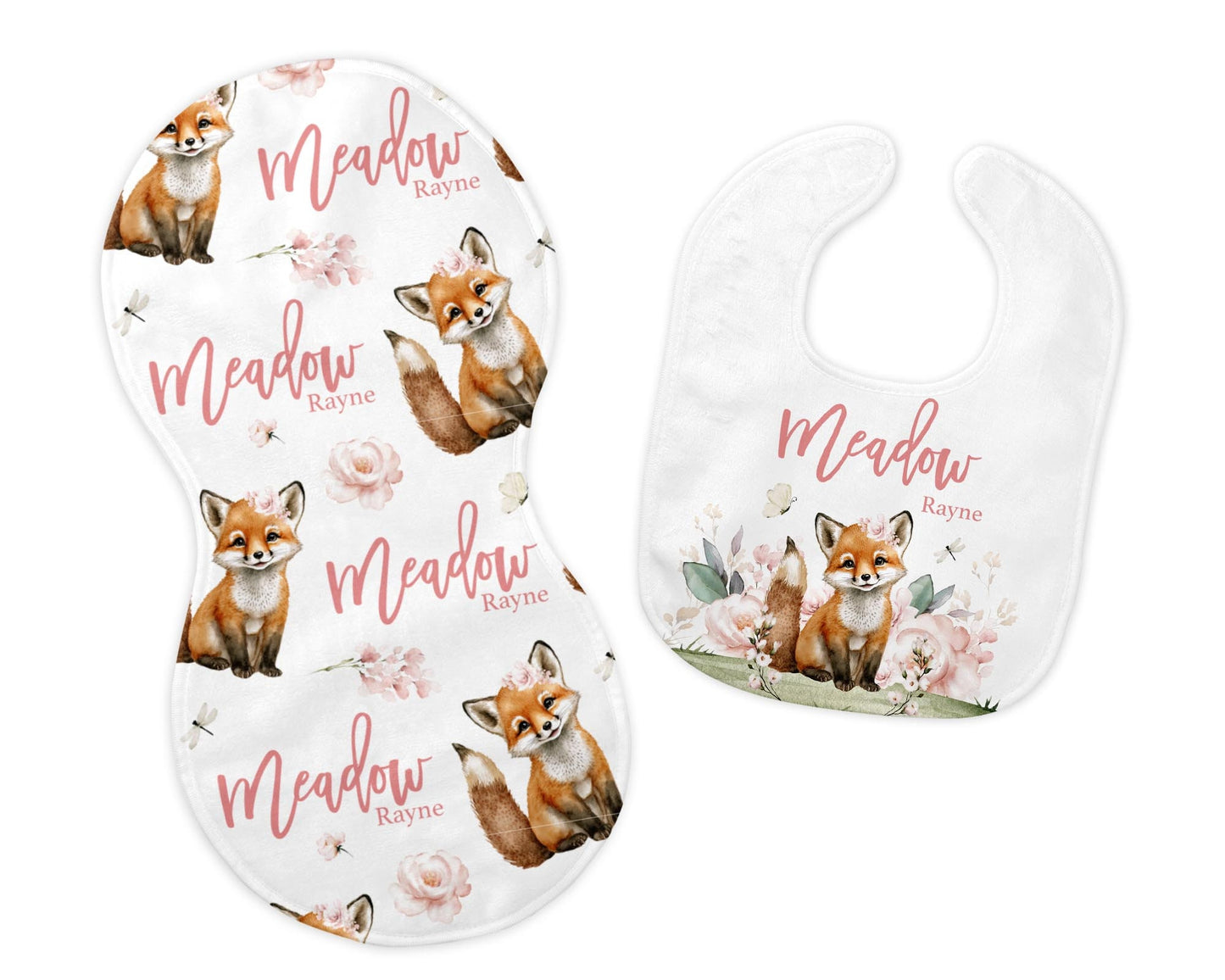 Girl Woodland Fox Bib and Burp Cloth Set, W56