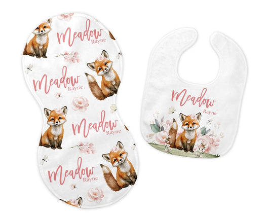 Girl Woodland Fox Bib and Burp Cloth Set, W56