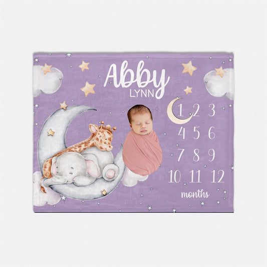 Safari Moon and Stars Baby Milestone Blanket, Giraffe Girl S49