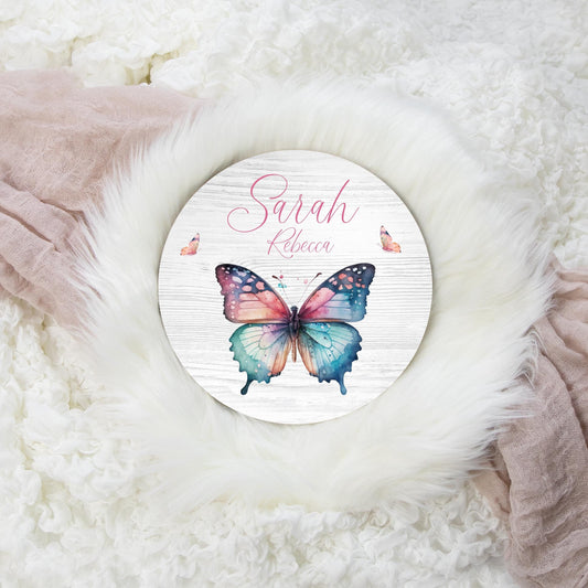 Pastel Butterfly Round Wood Baby Name Sign, G60