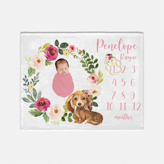 Puppy Baby Milestone Blanket, Floral Dachshund G61