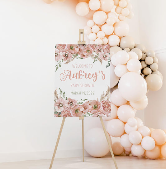 Boho Floral Baby Shower Welcome Sign, Boho Pampas Grass, F33