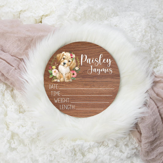 Puppy Round Wood Birth Stat Sign, Floral Yellow Labrador G62