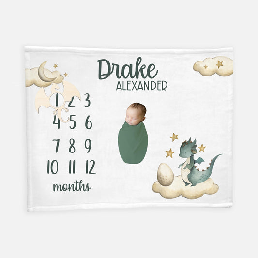 Dragon Baby Milestone Blanket, Baby Boy Milestone Blanket, Personalized Baby Blanket, Monthly Baby Blanket, Dragon Fantasy Nursery Theme B9