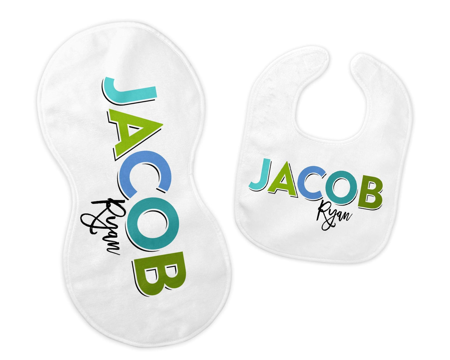 Personalized Bib and Burp Cloth Set, Color Block Name