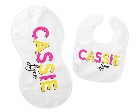 Personalized Bib and Burp Cloth Set, Color Block Name