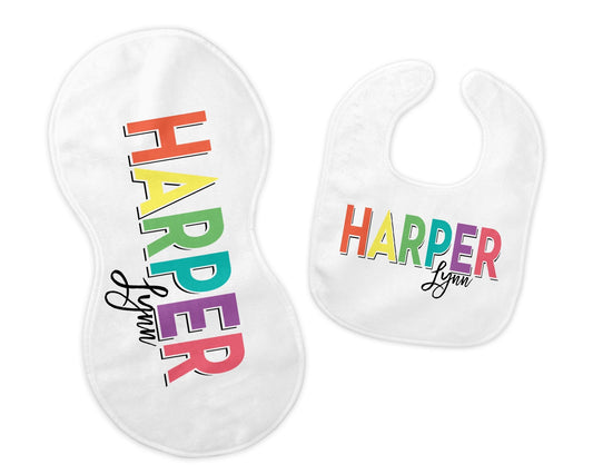 Personalized Bib and Burp Cloth Set, Color Block Name