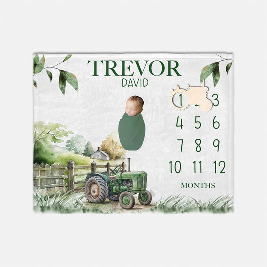 Green Tractor Baby Milestone Blanket, Farm C40