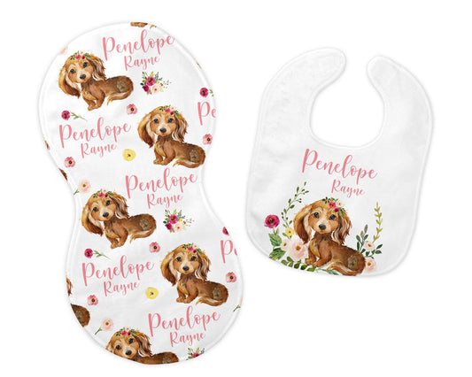 Dachshund Bib and Burp Cloth Set, G61