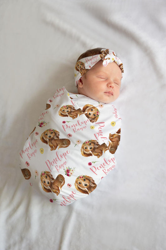 Girl Puppy Swaddle Set, Floral Dachshund G61