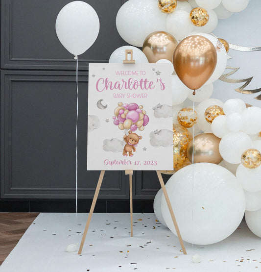 Girl Bear Balloon Baby Shower Welcome Sign, T57A