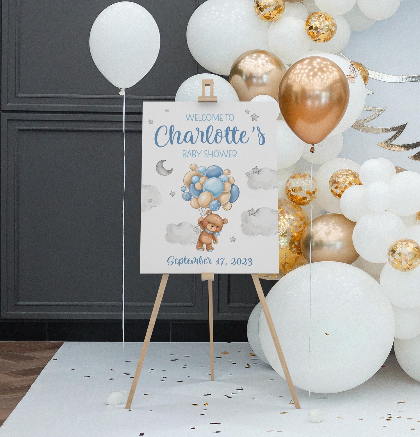 Boy Lullaby Bear Balloon Baby Shower Welcome Sign, T57