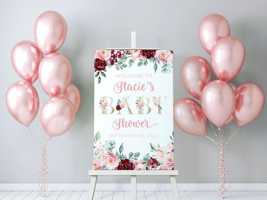 Burgundy Blush Roses Baby Shower Welcome Sign, F25