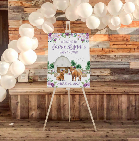 Girl Highland Cow Baby Shower Welcome Sign, C31