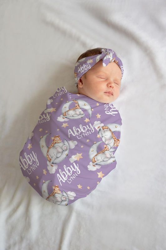 Safari Moon and Stars Swaddle Set, Elephant Giraffe Lullaby Moon S49