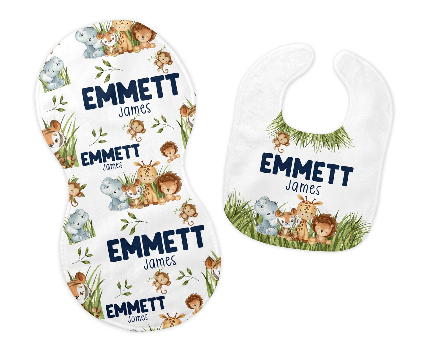 Safari Bib and Burp Cloth Set, Safari Bib, Elephant Giraffe Lion Bib S63