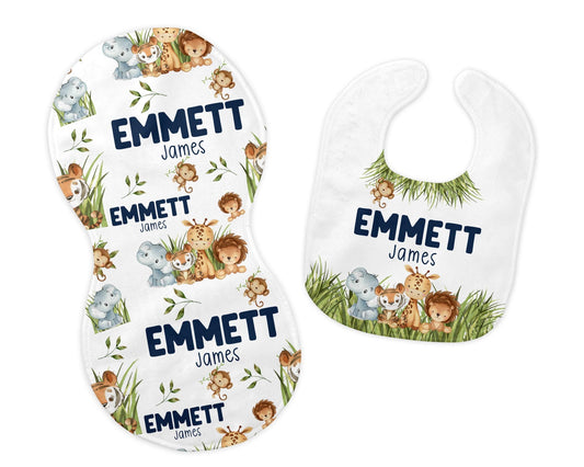 Safari Bib and Burp Cloth Set, Safari Bib, Elephant Giraffe Lion Bib S63