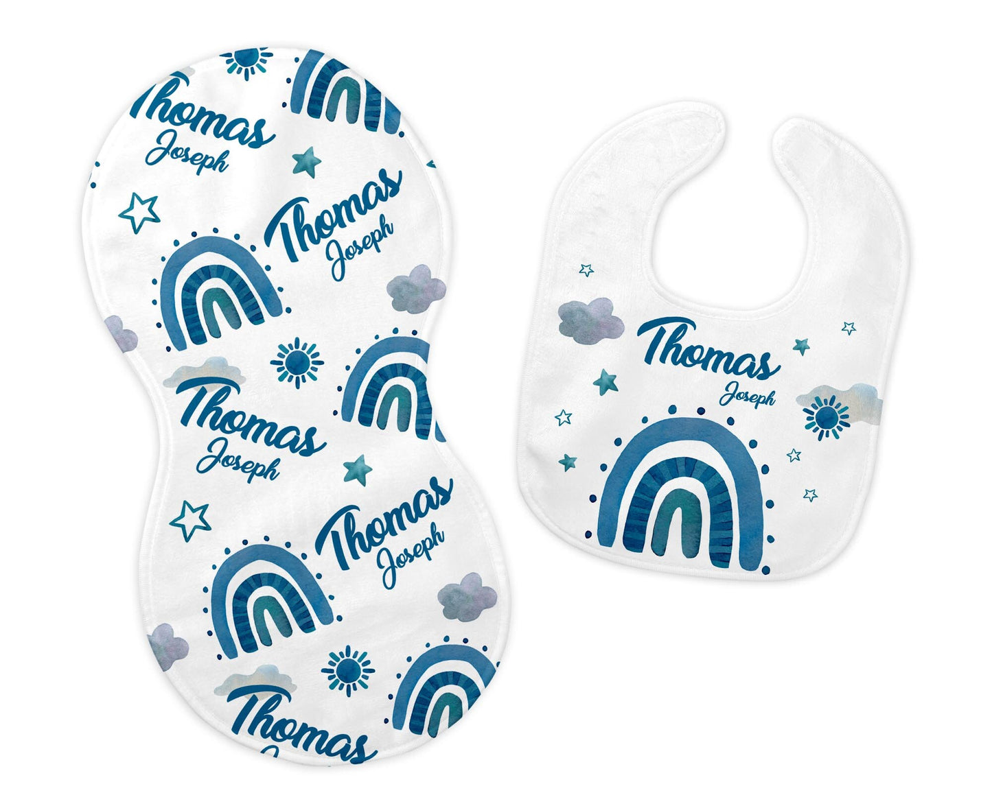 Blue Boho Rainbow Bib and Burp Cloth Set, T63