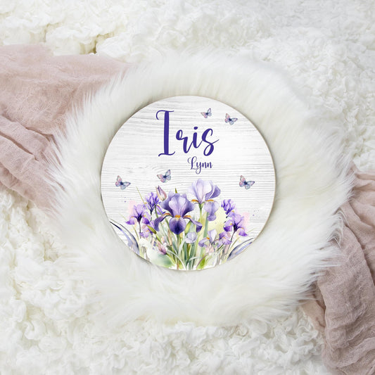 Iris Floral Round Wood Name Sign, F98