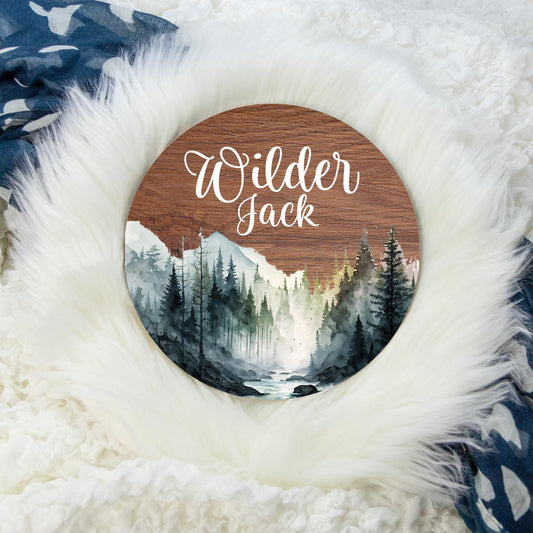 Mountain Moon Round Wood Name Sign, Adventure, M28