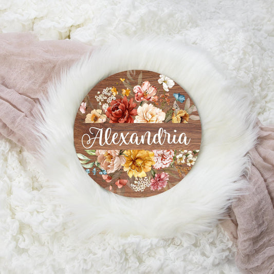 Wild flower Round Wood Name Sign, Boho Nursery Decor F99