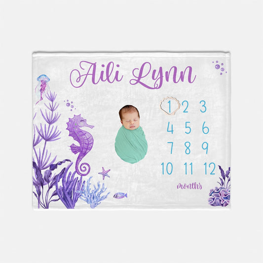 Sea Horse Baby Milestone Blanket, Under The Sea Nursery O39