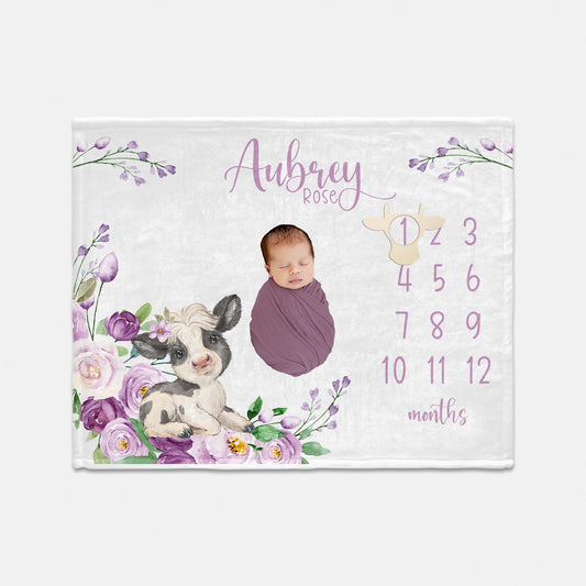 Cow Floral Baby Milestone Blanket, C42