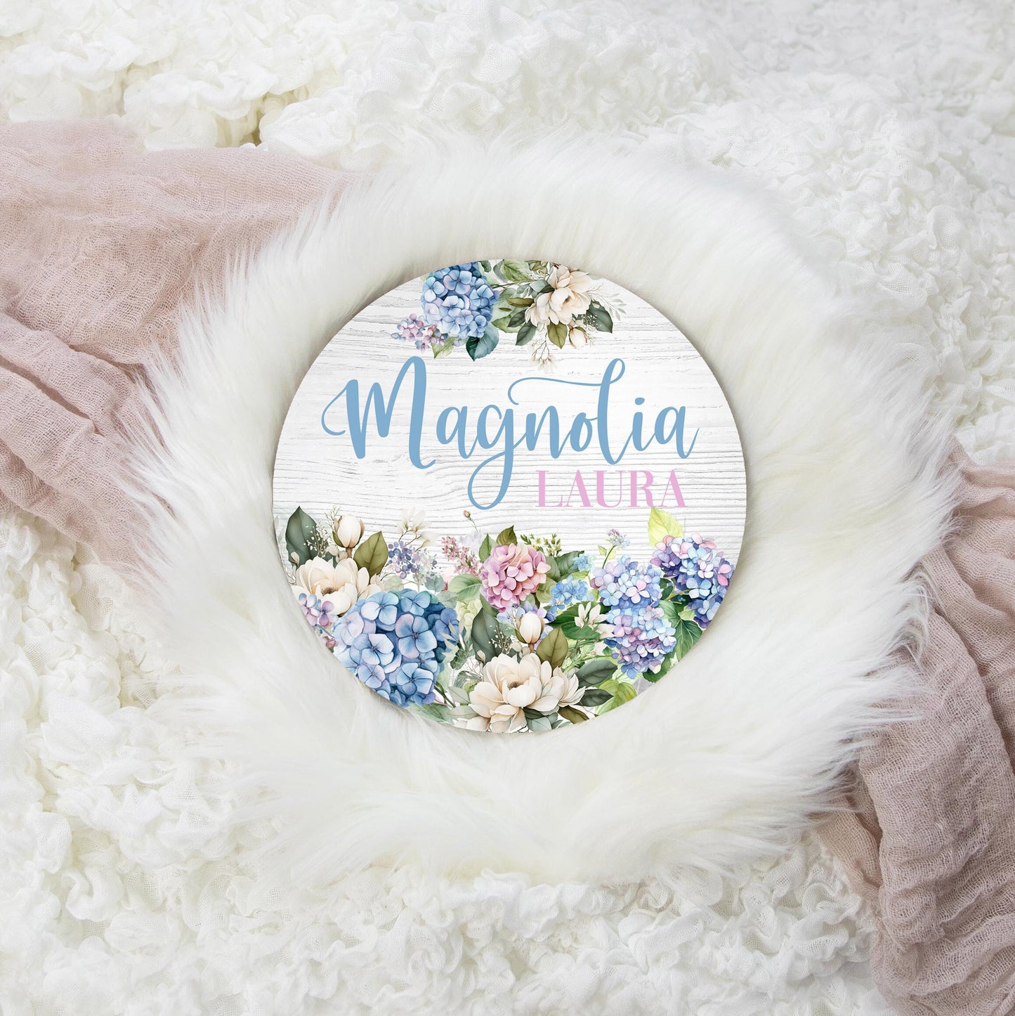 Hydrangea and Magnolia Wood Baby Name Sign, F100