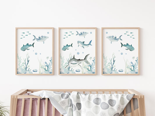 Shark Nursery Wall Art Poster, Under The Sea Nursery O32