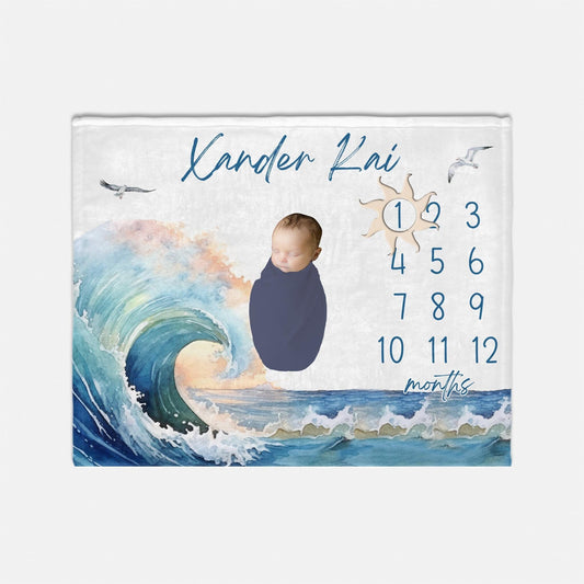 Ocean Wave Milestone Blanket, Beach Surfer O40