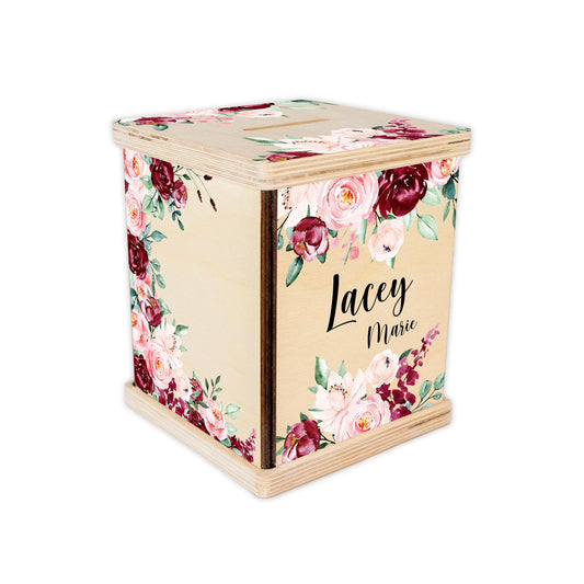 Burgundy Blush Floral Piggy Bank, F25