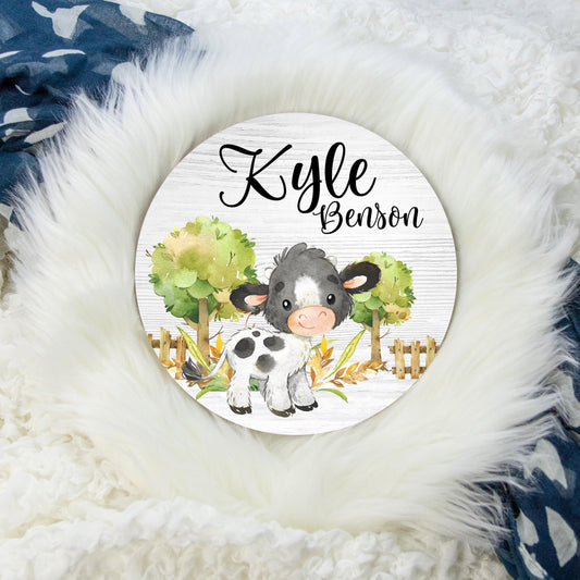 Farm Animal Cow Round Wood Name Sign, C43